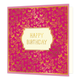 Happy birthday - Formaat: Standaard - Vorm: Vierkant - Verjaardagskaart - Op deze kaart staat de tekst 'Happy birthday' in goud in het midden. De tekst staat in een beige kader met een gouden rand eromheen. De achtergrond van de kaart is roze met hierop gouden vlinders en bloemen in verschillende formaten. Om heen geheel heen staat er nog een dunne gouden kader met daaromheen een wat dikkere lichtroze kader. - Snelwenskaart