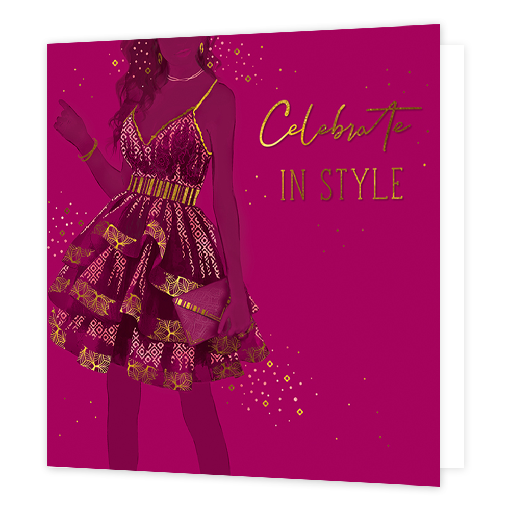 Celebrate in style - Formaat: Standaard - Vorm: Vierkant - Felicitatiekaart - Op deze kaart staat de tekst 'Celebrate in style' in het goud aan de rechterkant. Links daarvan staat een dame met lange haren in een jurk van roze en goud. Eromheen zijn nog wat glitters in het goud. De achtergrond van de kaart is volledig roze. - Snelwenskaart