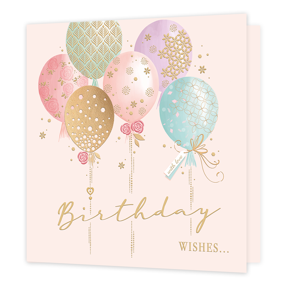 Birthday wishes... - Formaat: Standaard - Vorm: Vierkant - Verjaardagskaart - Op deze kaart staat de tekst 'Birthday wishes...' in het goud met daarboven ballonnen in de kleuren roze, paars, groen, blauw en goud. Op de ballonnen staan patronen van bloemen, planten en organische vormen. - Snelwenskaart