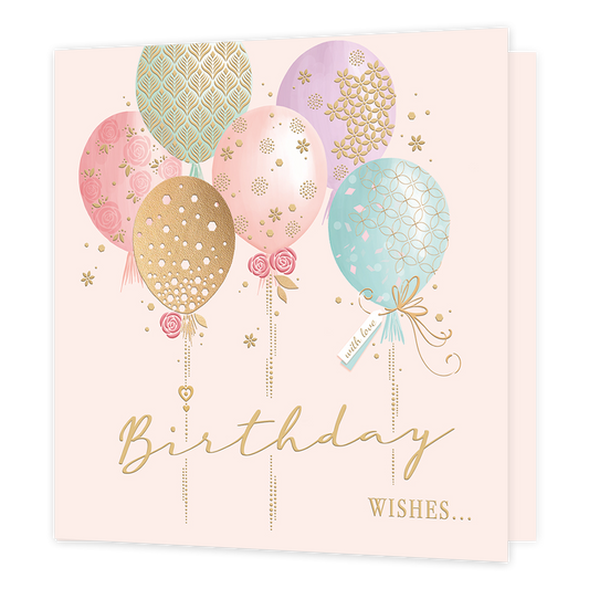 Birthday wishes... - Formaat: Standaard - Vorm: Vierkant - Verjaardagskaart - Op deze kaart staat de tekst 'Birthday wishes...' in het goud met daarboven ballonnen in de kleuren roze, paars, groen, blauw en goud. Op de ballonnen staan patronen van bloemen, planten en organische vormen. - Snelwenskaart