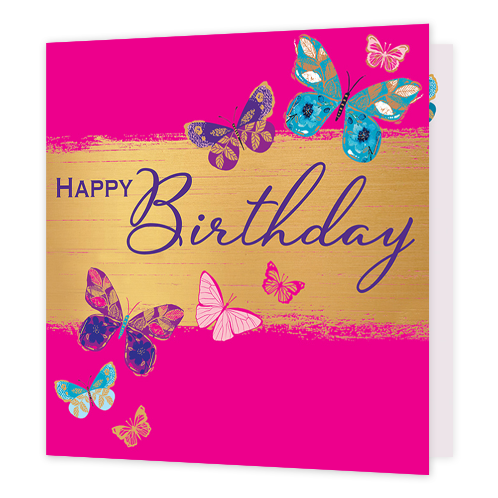 Happy birthday - Formaat: Standaard - Vorm: Vierkant - Verjaardagskaart - Op deze kaart staat de tekst 'Happy birthday' met daaronder een geverfde gouden streep. Hieromheen vliegen vlinders in de kleuren roze, paar, blauw en goud in verschillende formaten. De achtergrond is volledig roze. - Snelwenskaart