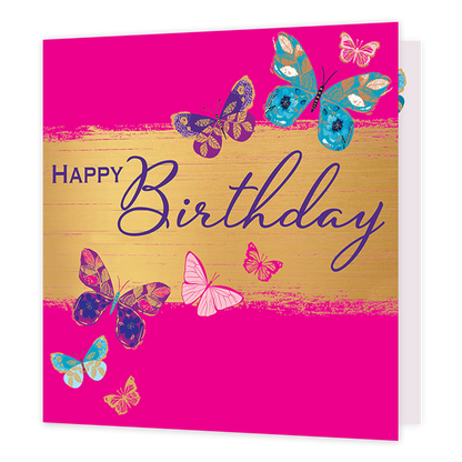 Happy birthday - Formaat: Standaard - Vorm: Vierkant - Verjaardagskaart - Op deze kaart staat de tekst 'Happy birthday' met daaronder een geverfde gouden streep. Hieromheen vliegen vlinders in de kleuren roze, paar, blauw en goud in verschillende formaten. De achtergrond is volledig roze. - Snelwenskaart