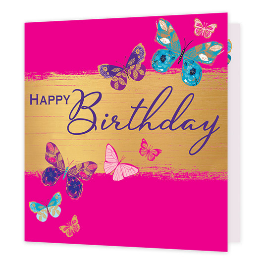 Happy birthday - Formaat: Standaard - Vorm: Vierkant - Verjaardagskaart - Op deze kaart staat de tekst 'Happy birthday' met daaronder een geverfde gouden streep. Hieromheen vliegen vlinders in de kleuren roze, paar, blauw en goud in verschillende formaten. De achtergrond is volledig roze. - Snelwenskaart