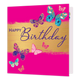 Happy birthday - Formaat: Standaard - Vorm: Vierkant - Verjaardagskaart - Op deze kaart staat de tekst 'Happy birthday' met daaronder een geverfde gouden streep. Hieromheen vliegen vlinders in de kleuren roze, paar, blauw en goud in verschillende formaten. De achtergrond is volledig roze. - Snelwenskaart