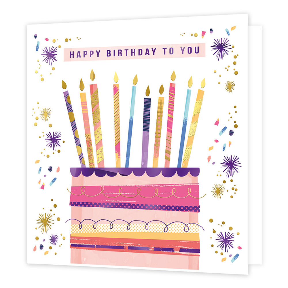Happy birthday to you - Formaat: Standaard - Vorm: Vierkant - Verjaardagskaart - Op deze kaart staat de tekst 'Happy birthday to you' in het paars. Daaronder staat een verjaardagstaart in verschillende lagen met daarop kaarsen. Deze hebben de kleuren paars, roze, geel, blauw en goud met patronen erop in goud, grijs, paars en geel. Eromheen is er confetti in kleuren blauw, roze, paars en goud. - Snelwenskaart