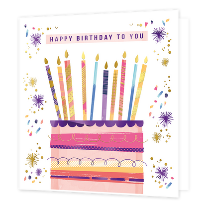 Happy birthday to you - Formaat: Standaard - Vorm: Vierkant - Verjaardagskaart - Op deze kaart staat de tekst 'Happy birthday to you' in het paars. Daaronder staat een verjaardagstaart in verschillende lagen met daarop kaarsen. Deze hebben de kleuren paars, roze, geel, blauw en goud met patronen erop in goud, grijs, paars en geel. Eromheen is er confetti in kleuren blauw, roze, paars en goud. - Snelwenskaart