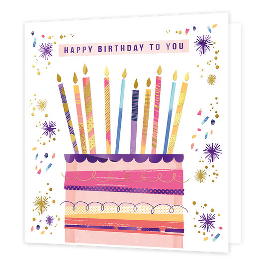 Happy birthday to you - Formaat: Standaard - Vorm: Vierkant - Verjaardagskaart - Op deze kaart staat de tekst 'Happy birthday to you' in het paars. Daaronder staat een verjaardagstaart in verschillende lagen met daarop kaarsen. Deze hebben de kleuren paars, roze, geel, blauw en goud met patronen erop in goud, grijs, paars en geel. Eromheen is er confetti in kleuren blauw, roze, paars en goud. - Snelwenskaart