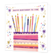 Happy birthday to you - Formaat: Standaard - Vorm: Vierkant - Verjaardagskaart - Op deze kaart staat de tekst 'Happy birthday to you' in het paars. Daaronder staat een verjaardagstaart in verschillende lagen met daarop kaarsen. Deze hebben de kleuren paars, roze, geel, blauw en goud met patronen erop in goud, grijs, paars en geel. Eromheen is er confetti in kleuren blauw, roze, paars en goud. - Snelwenskaart