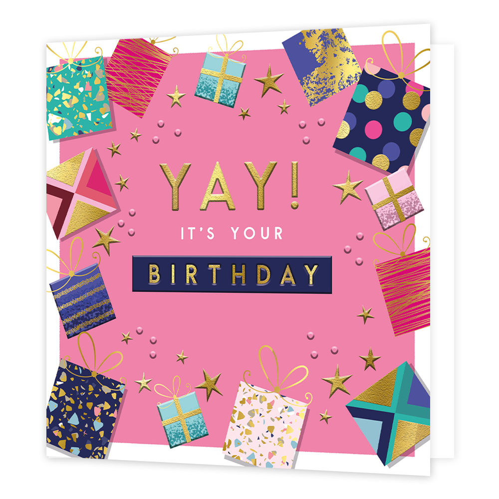 Yay! It's your birthday - Formaat: Standaard - Vorm: Vierkant - Verjaardagskaart - Op deze kaart staat de tekst Ýay! it's your birhday' in het wit en goud in het midden van de kaart. Hieromheen staan allemaal cadeaus in kleuren roze, groen, blauw en goud. De achtergrond is roze met een witte rand eromheen. - Snelwenskaart