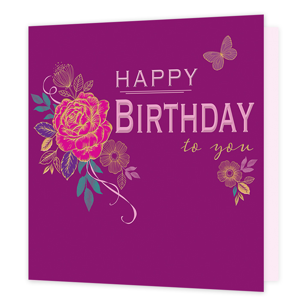 Happy birthday to you - Formaat: Standaard - Vorm: Vierkant - Verjaardagskaart - Op deze kaart staat de tekst 'Happy birthday to you' in het paars en goud. Ernaast staan bloemen en een vlinder in de kleuren roze, paars, groen en goud. De achtergrond is volledig paars. - Snelwenskaart