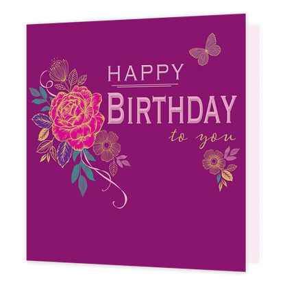 Happy birthday to you - Formaat: Standaard - Vorm: Vierkant - Verjaardagskaart - Op deze kaart staat de tekst 'Happy birthday to you' in het paars en goud. Ernaast staan bloemen en een vlinder in de kleuren roze, paars, groen en goud. De achtergrond is volledig paars. - Snelwenskaart