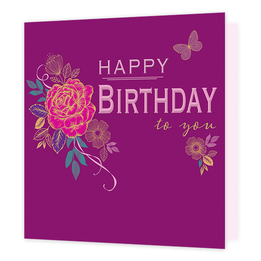 Happy birthday to you - Formaat: Standaard - Vorm: Vierkant - Verjaardagskaart - Op deze kaart staat de tekst 'Happy birthday to you' in het paars en goud. Ernaast staan bloemen en een vlinder in de kleuren roze, paars, groen en goud. De achtergrond is volledig paars. - Snelwenskaart