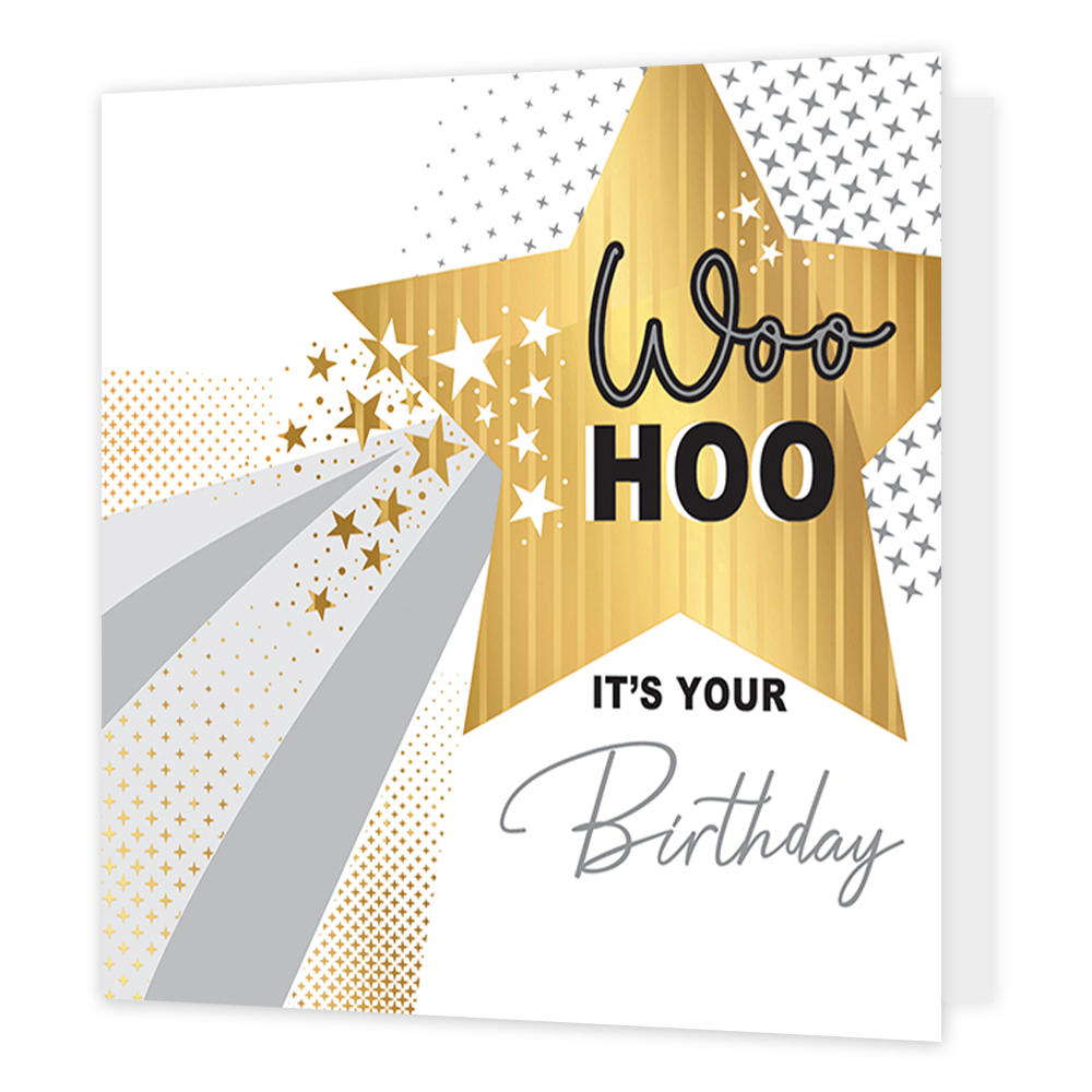 Woohoo it's your birthday - Formaat: Standaard - Vorm: Vierkant - Verjaardagskaart - Op deze kaart staat de tekst 'Woohoo it's your birthday' in het zwart, wit en grijs. De tekst staat deels op een gouden ster waar ook weer witte en gouden sterren omheen staan. Van de ster komen er kleine sterren en strepen af in het grijs en goud. - Snelwenskaart