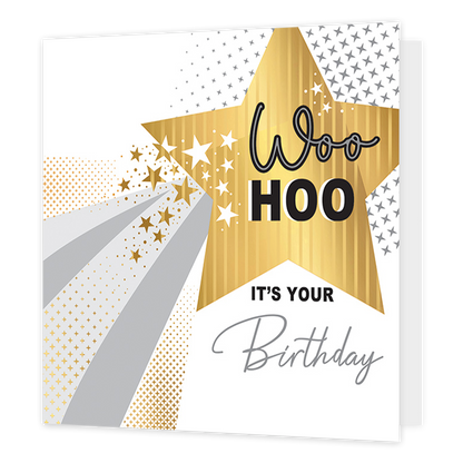 Woohoo it's your birthday - Formaat: Standaard - Vorm: Vierkant - Verjaardagskaart - Op deze kaart staat de tekst 'Woohoo it's your birthday' in het zwart, wit en grijs. De tekst staat deels op een gouden ster waar ook weer witte en gouden sterren omheen staan. Van de ster komen er kleine sterren en strepen af in het grijs en goud. - Snelwenskaart