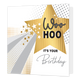 Woohoo it's your birthday - Formaat: Standaard - Vorm: Vierkant - Verjaardagskaart - Op deze kaart staat de tekst 'Woohoo it's your birthday' in het zwart, wit en grijs. De tekst staat deels op een gouden ster waar ook weer witte en gouden sterren omheen staan. Van de ster komen er kleine sterren en strepen af in het grijs en goud. - Snelwenskaart