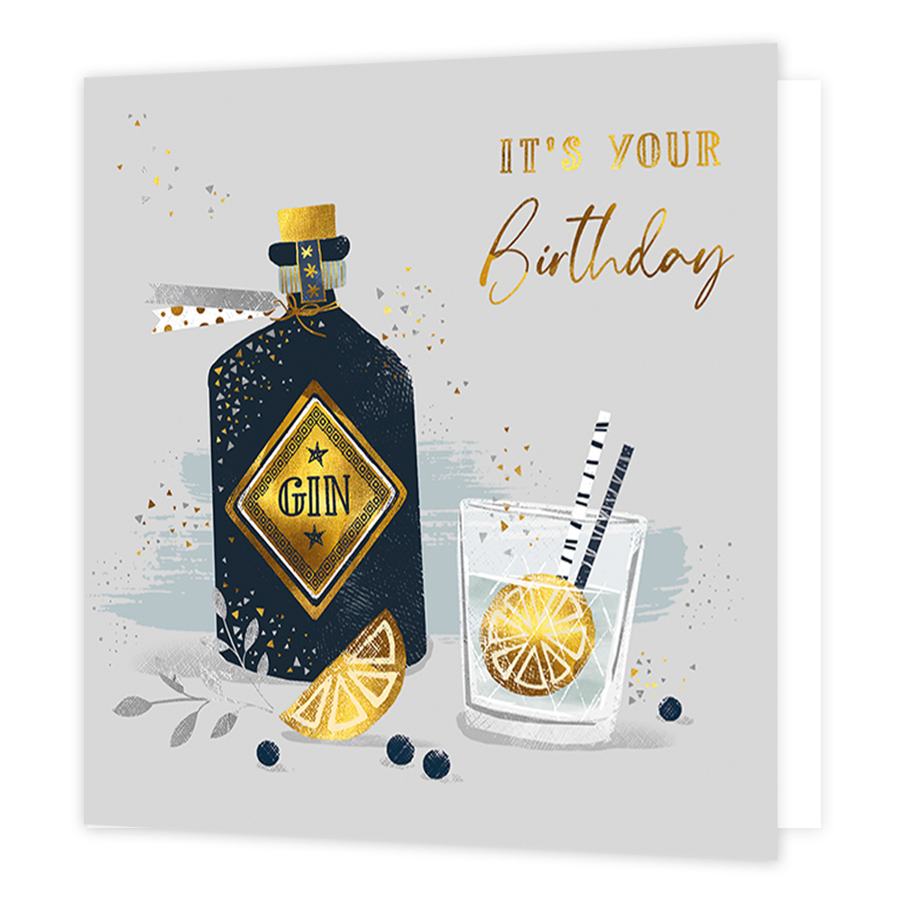 It's your birthday - Formaat: Standaard - Vorm: Vierkant - Verjaardagskaart - Op deze kaart staat de tekst 'It's your birthday' in het goud rechtsboven in de hoek. Groot ernaast staat een fles drank in een blauw/grijze kleur met een goud label erop. Rechts ernaast staat een glas met een citroen erin. Er dwarrelt confetti om deze illustraties heen. - Snelwenskaart