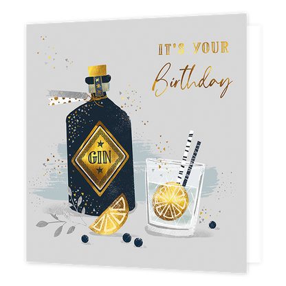 It's your birthday - Formaat: Standaard - Vorm: Vierkant - Verjaardagskaart - Op deze kaart staat de tekst 'It's your birthday' in het goud rechtsboven in de hoek. Groot ernaast staat een fles drank in een blauw/grijze kleur met een goud label erop. Rechts ernaast staat een glas met een citroen erin. Er dwarrelt confetti om deze illustraties heen. - Snelwenskaart