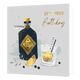 It's your birthday - Formaat: Standaard - Vorm: Vierkant - Verjaardagskaart - Op deze kaart staat de tekst 'It's your birthday' in het goud rechtsboven in de hoek. Groot ernaast staat een fles drank in een blauw/grijze kleur met een goud label erop. Rechts ernaast staat een glas met een citroen erin. Er dwarrelt confetti om deze illustraties heen. - Snelwenskaart