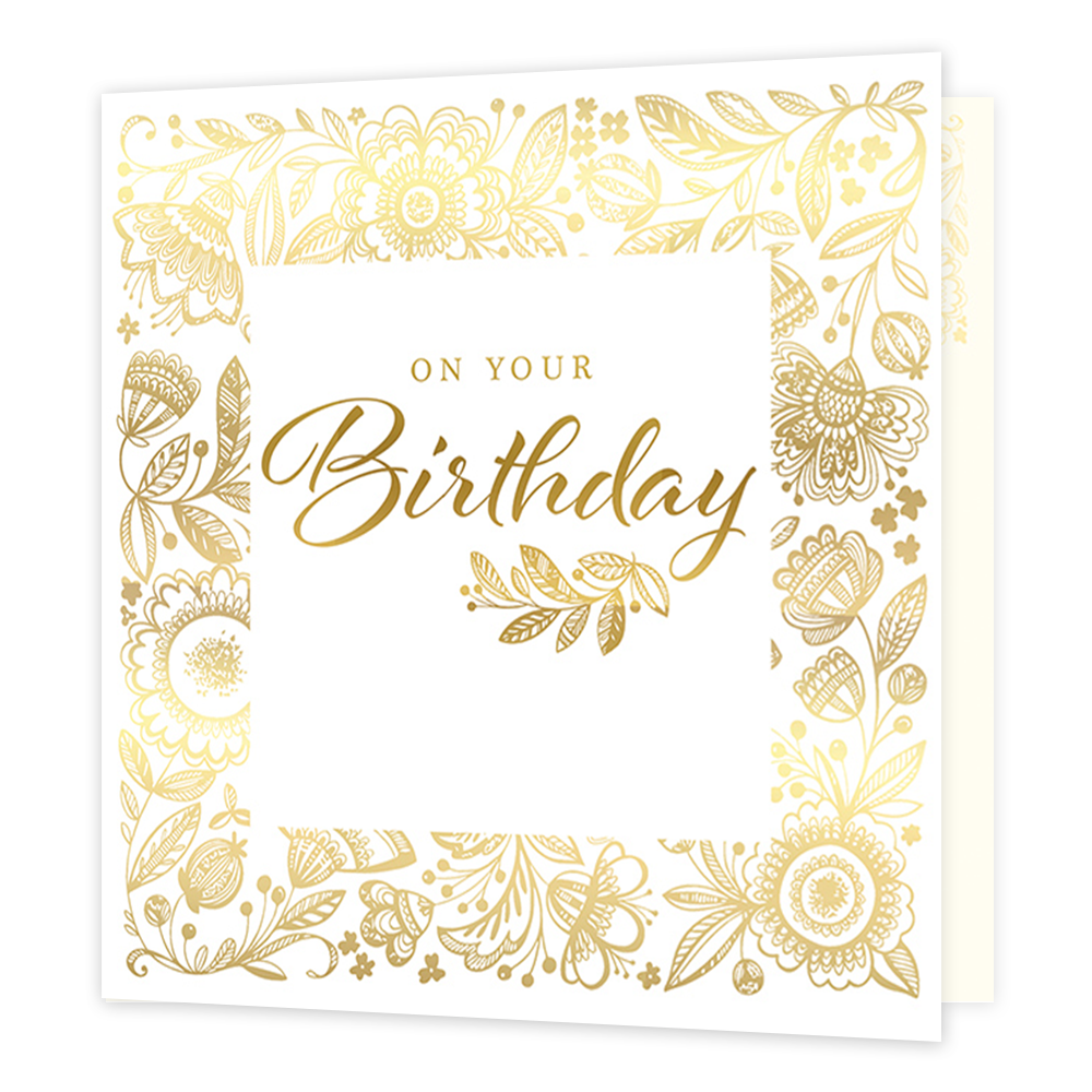 On your birthday - Formaat: Standaard - Vorm: Vierkant - Verjaardagskaart - Op deze kaart staat de tekst 'On your birthday' in het goud in een wit vierkant. Hierachter staan allerlei verschillende bloemen in een gouden kleur. - Snelwenskaart