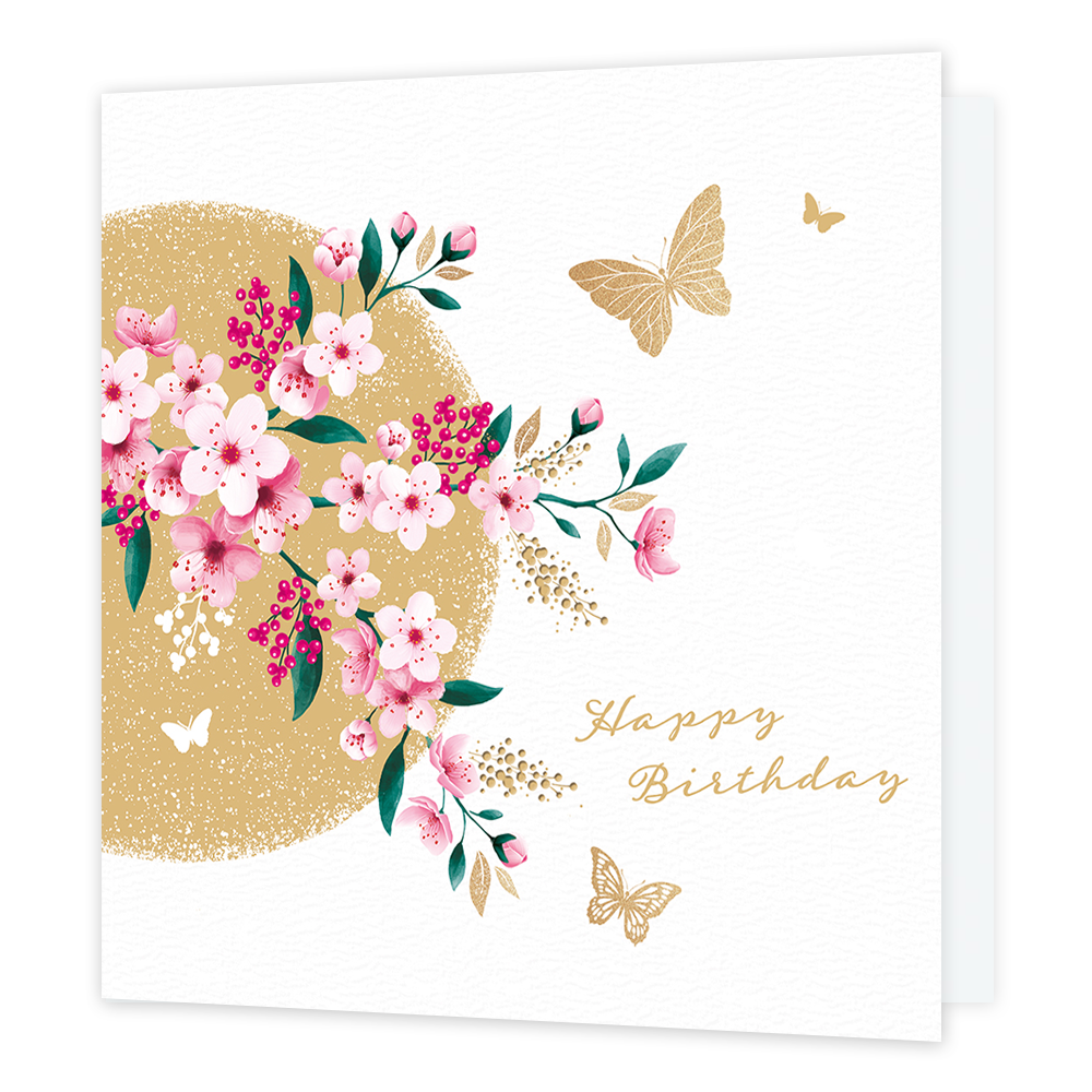 Happy birthday - Formaat: Standaard - Vorm: Vierkant - Verjaardagskaart - Op deze kaart staat de tekst 'Happy birthday' in het goud klein naast een groene tak met roze bloemen eraan. Achter deze tak is een gouden cirkel met gouden vlinders eromheen. - Snelwenskaart