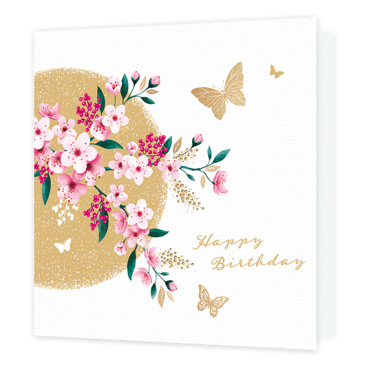 Happy birthday - Formaat: Standaard - Vorm: Vierkant - Verjaardagskaart - Op deze kaart staat de tekst 'Happy birthday' in het goud klein naast een groene tak met roze bloemen eraan. Achter deze tak is een gouden cirkel met gouden vlinders eromheen. - Snelwenskaart