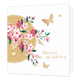 Happy birthday - Formaat: Standaard - Vorm: Vierkant - Verjaardagskaart - Op deze kaart staat de tekst 'Happy birthday' in het goud klein naast een groene tak met roze bloemen eraan. Achter deze tak is een gouden cirkel met gouden vlinders eromheen. - Snelwenskaart