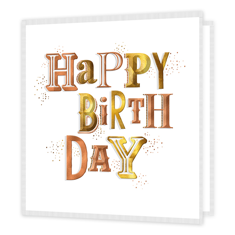 Happy birthday - Formaat: Standaard - Vorm: Vierkant - Verjaardagskaart - Op deze kaart staat de tekst 'Happy birthday' in de kleuren oranje, geeld en goud. De tekst is soms met vulling en soms met alleen een lijn. Rondom de tekst staan nog wat kleine cirkels. - Snelwenskaart
