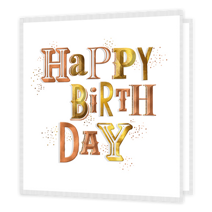 Happy birthday - Formaat: Standaard - Vorm: Vierkant - Verjaardagskaart - Op deze kaart staat de tekst 'Happy birthday' in de kleuren oranje, geeld en goud. De tekst is soms met vulling en soms met alleen een lijn. Rondom de tekst staan nog wat kleine cirkels. - Snelwenskaart