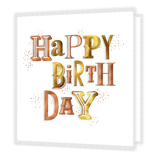 Happy birthday - Formaat: Standaard - Vorm: Vierkant - Verjaardagskaart - Op deze kaart staat de tekst 'Happy birthday' in de kleuren oranje, geeld en goud. De tekst is soms met vulling en soms met alleen een lijn. Rondom de tekst staan nog wat kleine cirkels. - Snelwenskaart