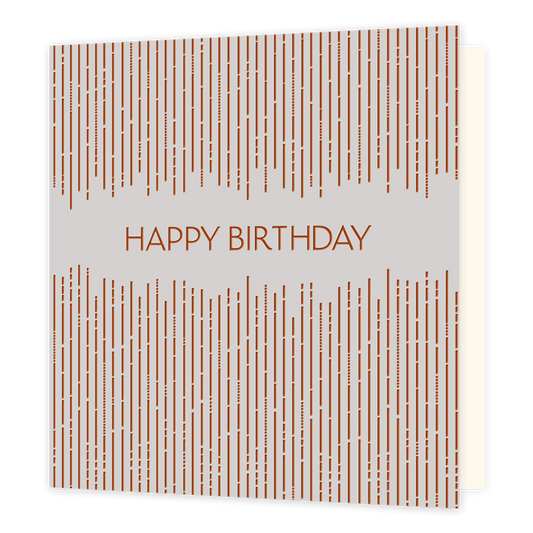 Happy birthday - Formaat: Standaard - Vorm: Vierkant - Verjaardagskaart - Op deze kaart staat de tekst 'Happy birthday' in het oranje met erboven en eronder verticale strepen in het oranje. De strepen hebben soms onderbrekingen ertussen. - Snelwenskaart
