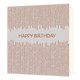 Happy birthday - Formaat: Standaard - Vorm: Vierkant - Verjaardagskaart - Op deze kaart staat de tekst 'Happy birthday' in het oranje met erboven en eronder verticale strepen in het oranje. De strepen hebben soms onderbrekingen ertussen. - Snelwenskaart