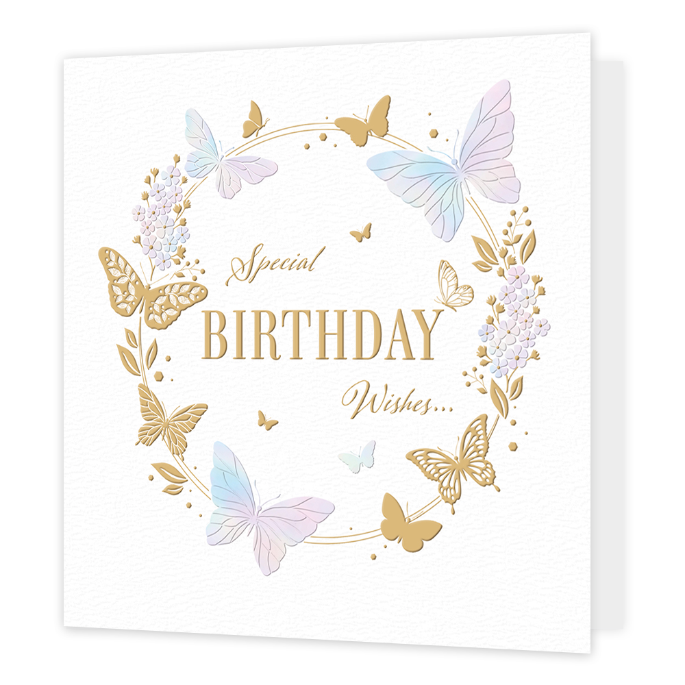 Special birthday wishes... - Formaat: Standaard - Vorm: Vierkant - Verjaardagskaart - Op deze kaart staat de tekst 'Special birthday wishes...' in het goud met daaromheen een gouden cirkel. Op deze cirkel staan vlinders, bloemen en planten in gouden, blauwe en paarse kleuren. - Snelwenskaart