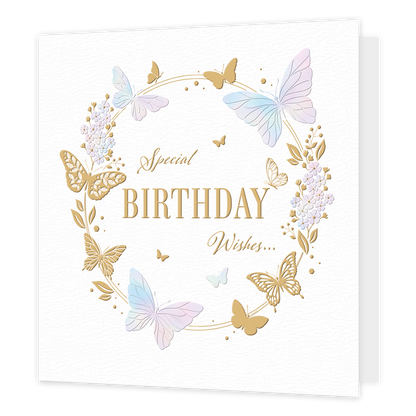 Special birthday wishes... - Formaat: Standaard - Vorm: Vierkant - Verjaardagskaart - Op deze kaart staat de tekst 'Special birthday wishes...' in het goud met daaromheen een gouden cirkel. Op deze cirkel staan vlinders, bloemen en planten in gouden, blauwe en paarse kleuren. - Snelwenskaart
