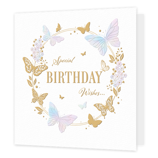 Special birthday wishes... - Formaat: Standaard - Vorm: Vierkant - Verjaardagskaart - Op deze kaart staat de tekst 'Special birthday wishes...' in het goud met daaromheen een gouden cirkel. Op deze cirkel staan vlinders, bloemen en planten in gouden, blauwe en paarse kleuren. - Snelwenskaart