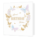 Special birthday wishes... - Formaat: Standaard - Vorm: Vierkant - Verjaardagskaart - Op deze kaart staat de tekst 'Special birthday wishes...' in het goud met daaromheen een gouden cirkel. Op deze cirkel staan vlinders, bloemen en planten in gouden, blauwe en paarse kleuren. - Snelwenskaart