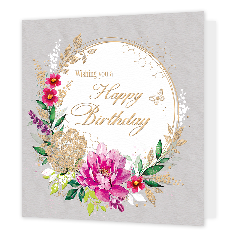 Wishing you a happy birthday - Formaat: Standaard - Vorm: Vierkant - Verjaardagskaart - Op deze kaart staat de tekst 'Happy birthday' in een gouden kleur in een witte cirkel. Om deze witte cirkel zit een gouden rand. Op deze gouden rand zitten er bloemen in de kleuren roze, paar, groen, geel en goud. - Snelwenskaart