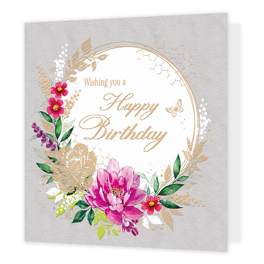Wishing you a happy birthday - Formaat: Standaard - Vorm: Vierkant - Verjaardagskaart - Op deze kaart staat de tekst 'Happy birthday' in een gouden kleur in een witte cirkel. Om deze witte cirkel zit een gouden rand. Op deze gouden rand zitten er bloemen in de kleuren roze, paar, groen, geel en goud. - Snelwenskaart