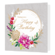 Wishing you a happy birthday - Formaat: Standaard - Vorm: Vierkant - Verjaardagskaart - Op deze kaart staat de tekst 'Happy birthday' in een gouden kleur in een witte cirkel. Om deze witte cirkel zit een gouden rand. Op deze gouden rand zitten er bloemen in de kleuren roze, paar, groen, geel en goud. - Snelwenskaart