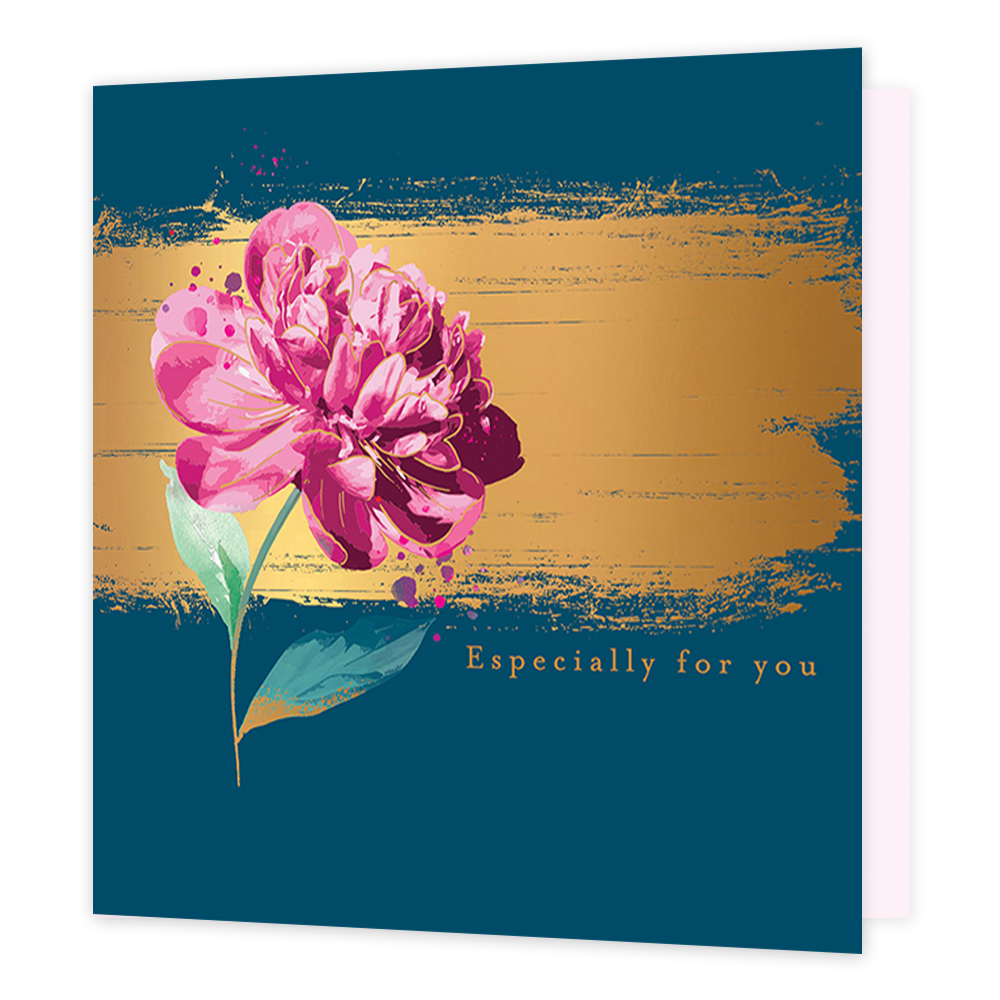 Especially for you - Formaat: Standaard - Vorm: Vierkant - Denken aan kaart - Op deze kaart staat de tekst 'Especially for you' in het goud met daarnaast een grote roze bloem met een groene steel. Daarachter is een gouden verf streep. De achtergrond is blauw. - Snelwenskaart