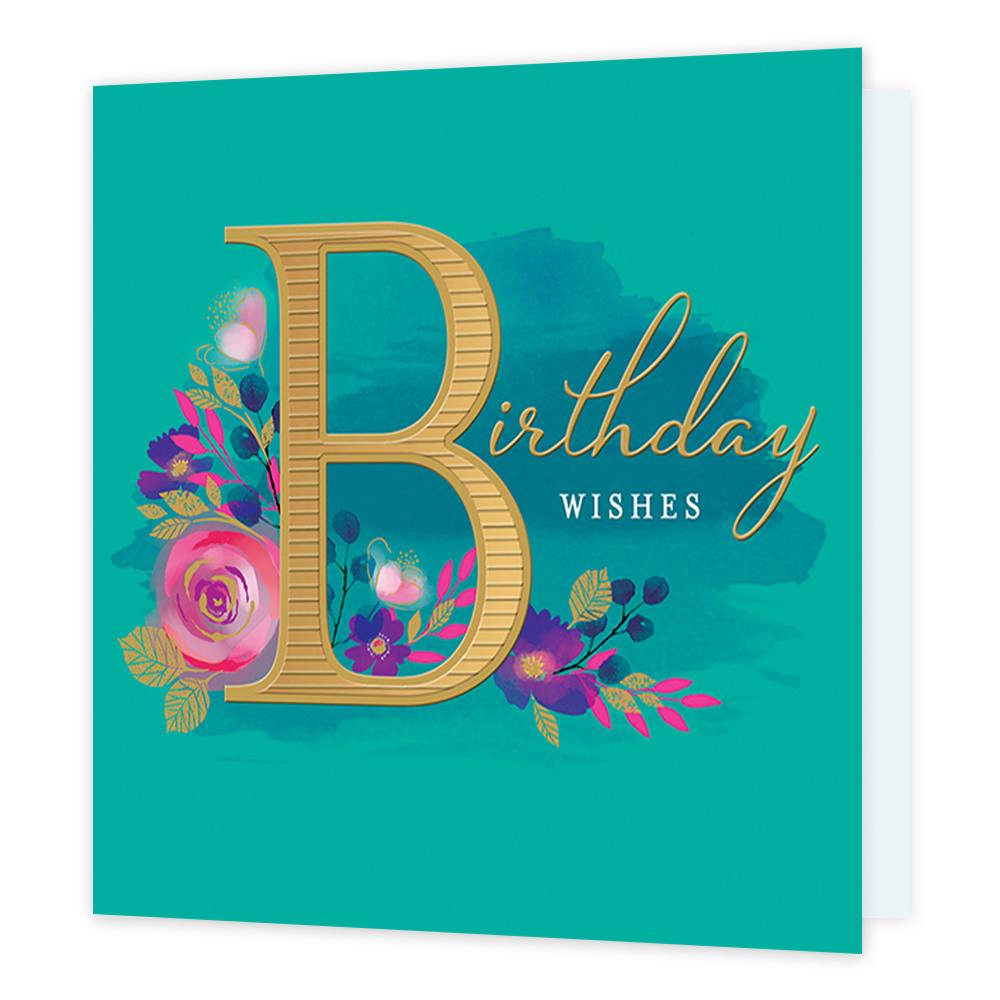 Birthday wishes - Formaat: Standaard - Vorm: Vierkant - Verjaardagskaart - Op deze kaart staat de tekst 'Birthday wishes' in het goud en wit. De B is groot en rondom deze letter liggen er bloemen in de kleuren roze, paars, blauw en goud. - Snelwenskaart