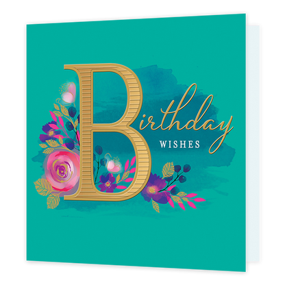 Birthday wishes - Formaat: Standaard - Vorm: Vierkant - Verjaardagskaart - Op deze kaart staat de tekst 'Birthday wishes' in het goud en wit. De B is groot en rondom deze letter liggen er bloemen in de kleuren roze, paars, blauw en goud. - Snelwenskaart