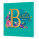 Birthday wishes - Formaat: Standaard - Vorm: Vierkant - Verjaardagskaart - Op deze kaart staat de tekst 'Birthday wishes' in het goud en wit. De B is groot en rondom deze letter liggen er bloemen in de kleuren roze, paars, blauw en goud. - Snelwenskaart
