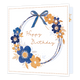 Happy birthday - Formaat: Standaard - Vorm: Vierkant - Verjaardagskaart - Op deze kaart staat de tekst 'Happy birthday' in het goud met daaromheen een blauwe cirkel. Op de blauwe cirkel zitten bloemen en bovenop een strik. Deze illustraties zijn in de kleuren lichtblauw, donkerblauw en goud. - Snelwenskaart