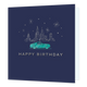 Happy birthday - Formaat: Standaard - Vorm: Vierkant - Verjaardagskaart - Op deze kaart staat de tekst 'Happy birthday' in het grijs met daarboven een auto in het blauw. Boven de auto staan witte lijntekeningen van een skyline met daaromheen witte sterren. - Snelwenskaart