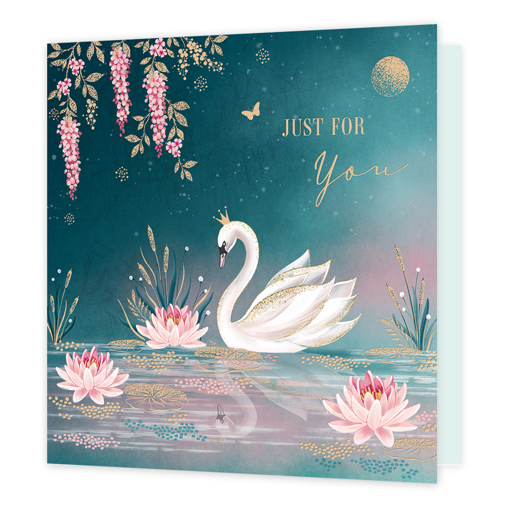 Just for you - Formaat: Standaard - Vorm: Vierkant - Denken aan kaart - Op deze kaart staat de tekst 'Just for you' met daaronder een blauw meer met een witte zwaan, roze bloemen en groen met gouden planten erin. Boven het meer hangen ook planten in het goud en roze en een gouden maan. - Snelwenskaart
