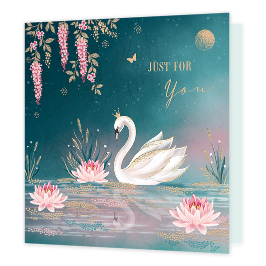 Just for you - Formaat: Standaard - Vorm: Vierkant - Denken aan kaart - Op deze kaart staat de tekst 'Just for you' met daaronder een blauw meer met een witte zwaan, roze bloemen en groen met gouden planten erin. Boven het meer hangen ook planten in het goud en roze en een gouden maan. - Snelwenskaart