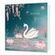 Just for you - Formaat: Standaard - Vorm: Vierkant - Denken aan kaart - Op deze kaart staat de tekst 'Just for you' met daaronder een blauw meer met een witte zwaan, roze bloemen en groen met gouden planten erin. Boven het meer hangen ook planten in het goud en roze en een gouden maan. - Snelwenskaart