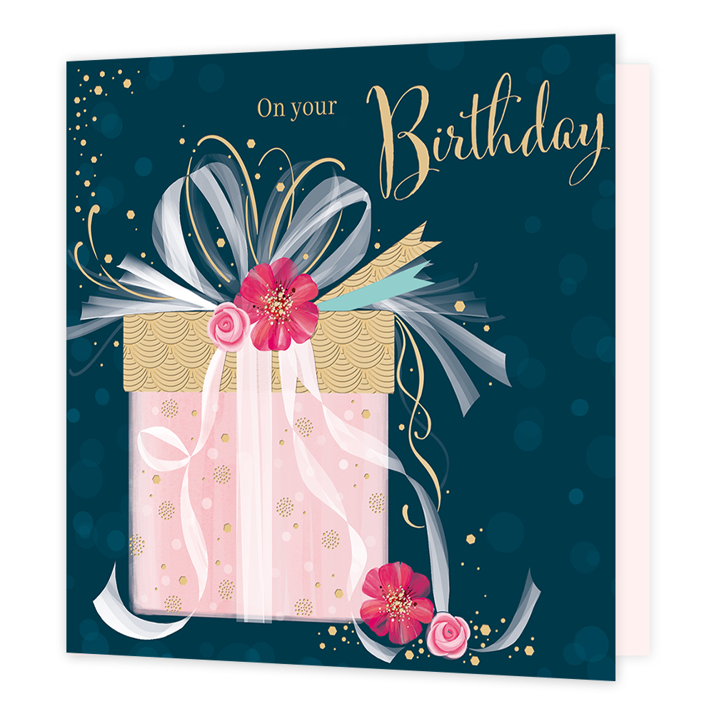 On your birthday - Formaat: Standaard - Vorm: Vierkant - Verjaardagskaart - Op deze kaart staat de tekst 'On your birthday' in het goud met daaronder een roze cadeau met een gouden deksel en roze met blauwe en gouden confetti en touwtjes. - Snelwenskaart