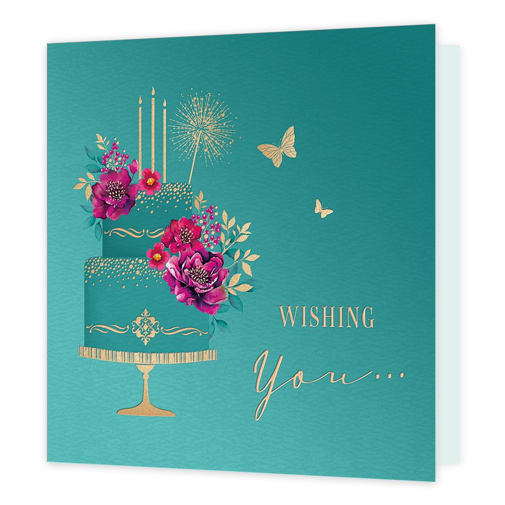 Wishing you... - Formaat: Standaard - Vorm: Vierkant - Verjaardagskaart - Op deze kaart staat de tekst 'Wishing you...' in het goud met daarnaast een blauwe taart op een gouden standaart. Op de staart liggen roze bloemen en er staan gouden kaarsen op de taart. - Snelwenskaart