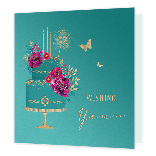 Wishing you... - Formaat: Standaard - Vorm: Vierkant - Verjaardagskaart - Op deze kaart staat de tekst 'Wishing you...' in het goud met daarnaast een blauwe taart op een gouden standaart. Op de staart liggen roze bloemen en er staan gouden kaarsen op de taart. - Snelwenskaart